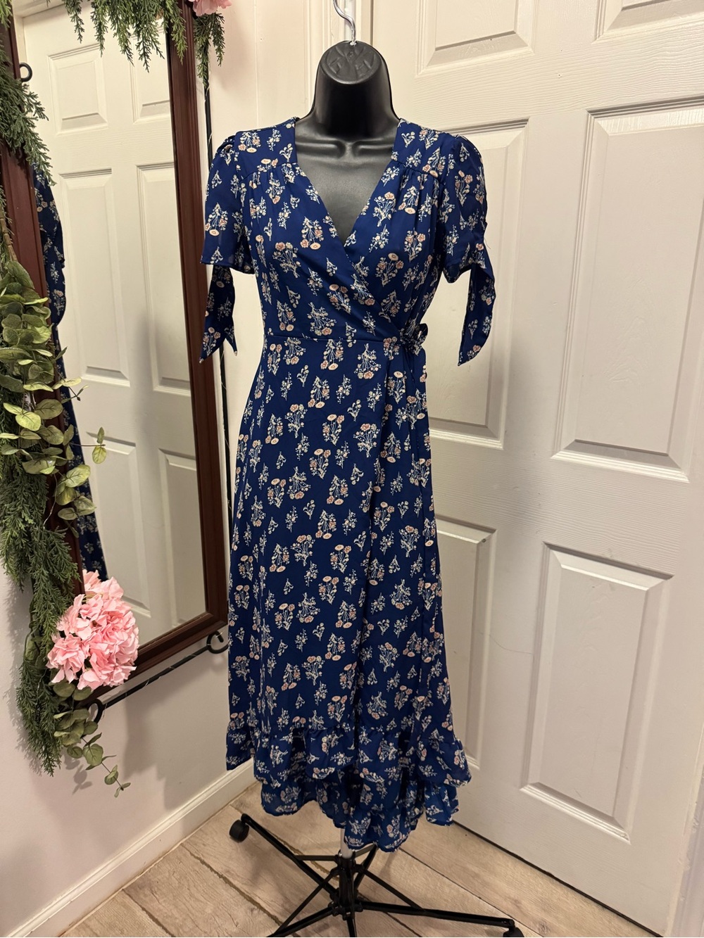 miami Navy Floral Wrap Midi Dress